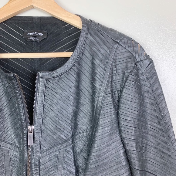 BEBE Cropped Genuine Leather Strip Zip Up Jacket Round Neck US L - Picture 2 of 9